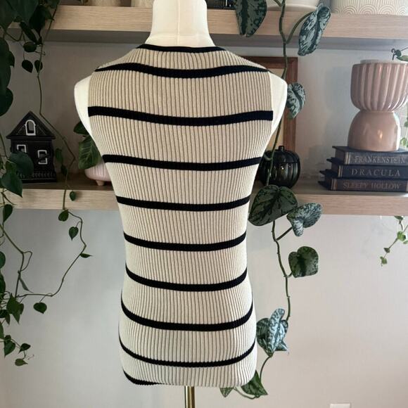 Vintage Tommy Hilfiger Ribbed Knit Tank Striped Beige Black Womens L Fall Preppy - Picture 2 of 6
